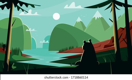 View from the depths of the forest on a natural landscape. Silhouette of a bear in the foreground. River bed surrounded by hills, mountain range. Beautiful sunny  day. Vector illustration flat design.