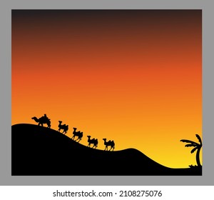 the view of the desert and camels in the afternoon, which is beautiful and characteristic 