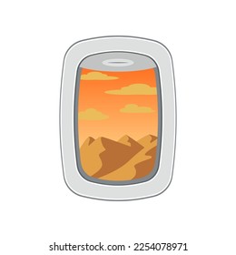 View of desert from plane window vector illustration. Airplane illuminator with picturesque landscape isolated on white background. Tourism, traveling, transportation concept