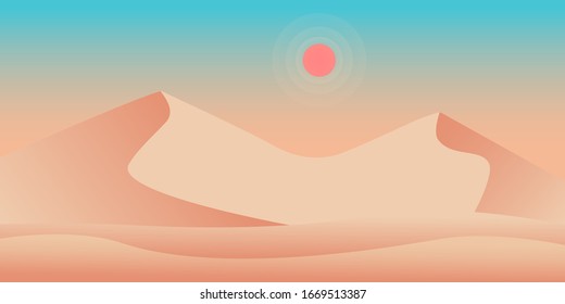 View of desert. Sand hill and sun on sky. Vector landscape
