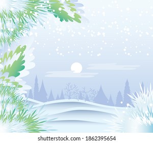 view distance pine forest snowfall and foliage nature winter landscape vector illustration