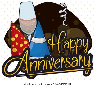 View of distinguished elements for an elegant anniversary party: wine glass for a toast, party hats, streamers and a night view