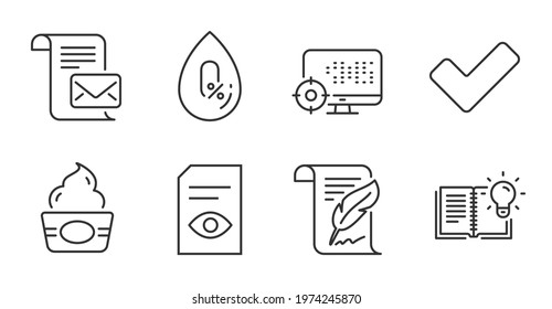 View document, Feather and No alcohol line icons set. Seo, Tick and Product knowledge signs. Mail letter, Ice cream symbols. Open file, Copyright page, Mineral oil. Business set. Vector