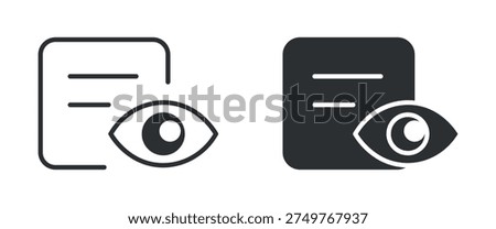 View document icon set, file with eye visibility preview symbol, in outline and solid silhouette style. Vector illustration.