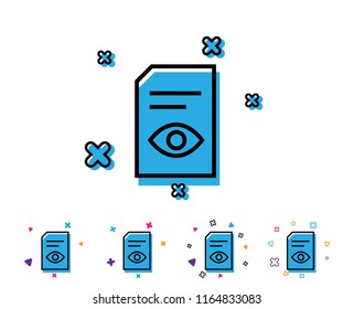 View Document line icon. Open Information File sign. Paper page with Eye concept symbol. Line icon with geometric elements. Bright colourful design. Vector