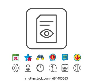 View Document line icon. Open Information File sign. Paper page with Eye concept symbol. Calendar, Globe and Chat line signs. Binoculars, Award and Download icons. Editable stroke. Vector