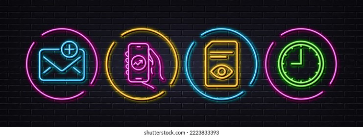 View document, New mail and Financial app minimal line icons. Neon laser 3d lights. Time icons. For web, application, printing. Open file, Add e-mail, Smartphone analytics. Office clock. Vector