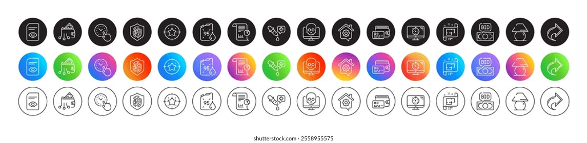 View document, Seo timer and Report line icons. Round icon gradient buttons. Pack of Time management, Cyber attack, Bid offer icon. Architectural plan, Fingerprint, Star target pictogram. Vector