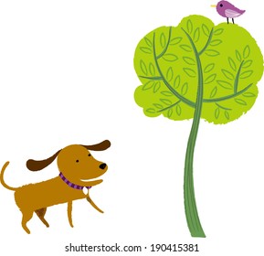 The view of dog with bird 