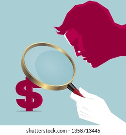 View dollar sign using a magnifying glass. Isolated on blue background.