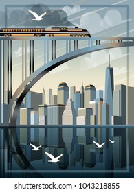 View of Downtown of New York. Handmade drawing vector illustration. Retro poster. All buildings is different objects.