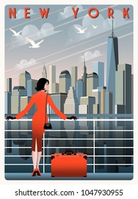 View of Downtown of New York. Handmade drawing vector illustration. Retro poster. All buildings is different objects.