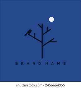 view of dry trees at night with birds and moon logo vector