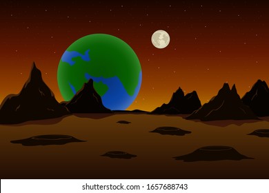 View of Earth and Moon from Mars. Martian landscape. Vector illustration.