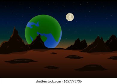 View of Earth and Moon from Mars. Martian landscape. Vector illustration.