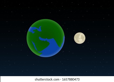 View of Earth and Moon from outer space. Vector illustration.