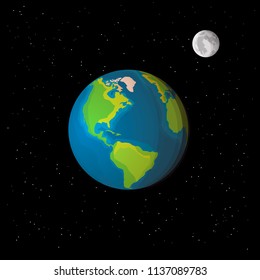 View of Earth and Moon from space with stars. Realistic style vector illustration.
