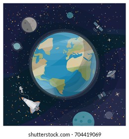 View of earth from space with satellites, astronaut, spaceships and galaxies in the background
