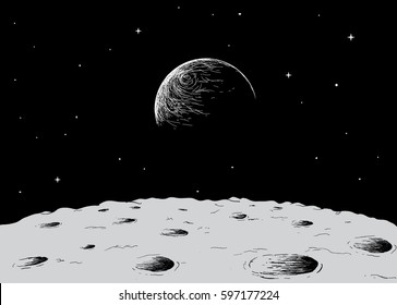 view to Earth from surface of the moon.Hand drawn vector illustration