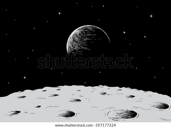 view to Earth from surface of the moon.Hand\
drawn vector illustration