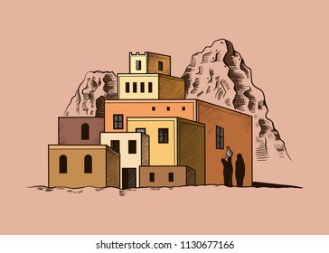 View of the eastern village  on a background of mountains.
  Hand-drawn color vector sketch.   