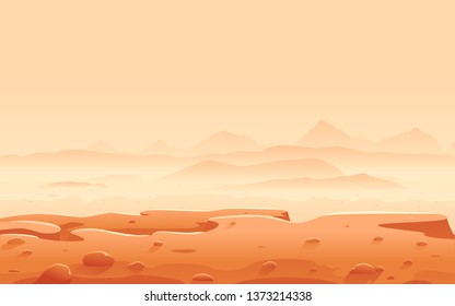 View from the edge of the rock to the valley of Mars with mountain peaks and hills, sand hills with stones on a deserted planet, space colonization panorama, landscape of Mars planet