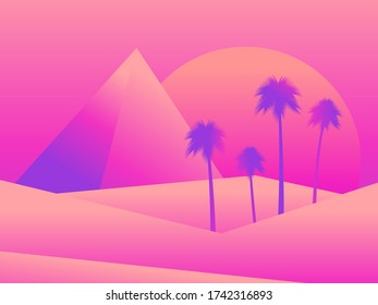 View of the Egyptian pyramids and palm trees in the desert. Colorful gradients. Desert landscape with dunes on a sunset background. Background for advertising, poster and banner. Vector illustration