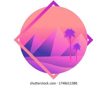 View of the Egyptian pyramids and palm trees in the desert. Colorful gradients. Desert landscape with dunes on a sunset background. Background for advertising, poster and banner. Vector illustration