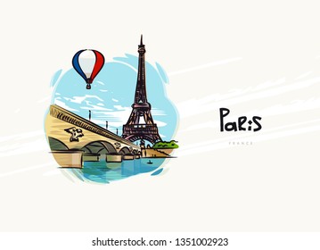 View of Eiffel tower and bridge. Paris. Air balloon in the color of the flag of France
