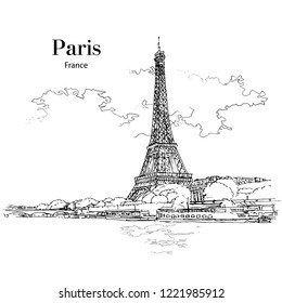 VIEW TO EIFFEL TOWER, PARIS, FRANCE, Hand Drawing Sketch. Vector, Poster, Calendar, Post Card