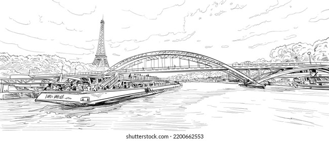 Blick auf den Eiffelturm. Seine.  Paris, Frankreich. Stadtskizze. handgezeichnete Vektorgrafik