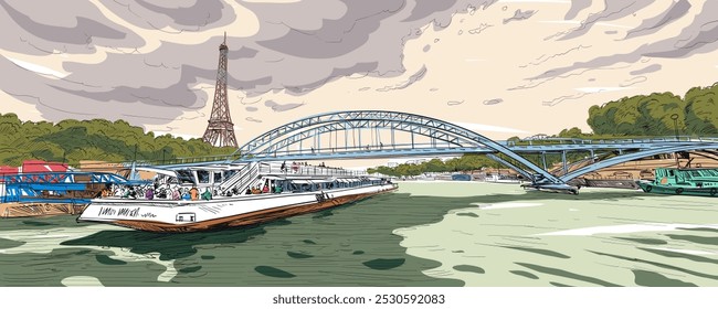 Blick auf den Eiffelturm. Seine.  Paris, Frankreich Städtische Skizze. Handgezeichnete Vektorgrafik