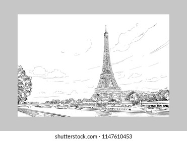 View of the Eiffel Tower and Sena River. Paris, France. Urban sketch. Hand drawn vector illustration