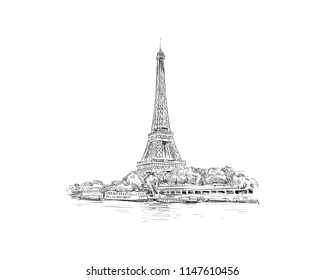 View of the Eiffel Tower and Sena River. Paris, France. Urban sketch. Hand drawn vector illustration