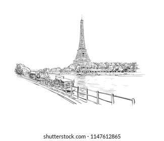 View of the Eiffel Tower and Sena River with floating restaurant. Paris, France. Urban sketch. Hand drawn vector illustration