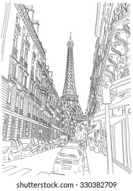 View of the Eiffel Tower from the streets of Paris. Black and white hand-drawing in the contours.