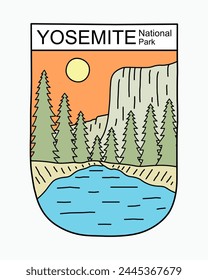 View of El Capitan Yosemite National Park flat mono line design for t shirt badge sticker illustration