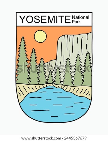 View of El Capitan Yosemite National Park flat mono line design for t shirt badge sticker illustration