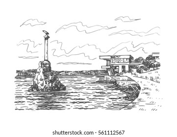 View of embankment near the Monument to the ships scuttled in Sevastopol, Crimea, Russia. Sketch by hand. Vector illustration.