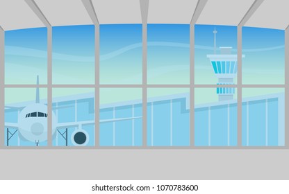 View Of Empty Space Inside The Terminal In The Airport With Wide Glass Window Which Can See Airplane Parked In The Airport's Bay,another Airport's Terminal,air Traffic Control Tower And Clear Blue Sky