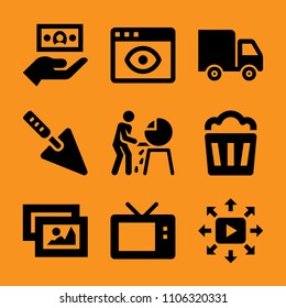 view, engineering, red, coffee, bank and broadcast icon vector set. Flat vector design with filled icons. Designed for web and software interfaces