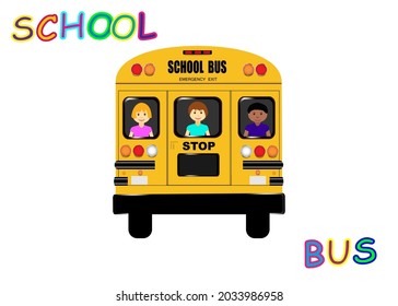 View of the entire rear of the school bus with children. Isolated on the white background.