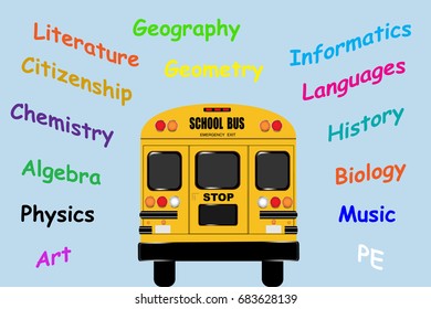 View of the entire rear of the school bus surrounded by names of school subjects