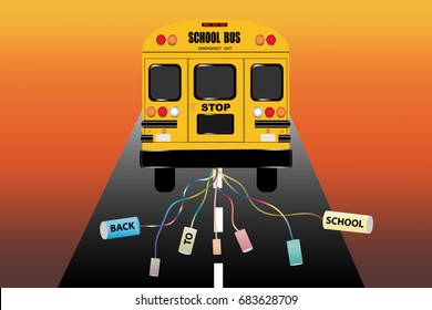 View of the entire rear of the school bus with tied cans with inscription back to school. The bus goes on a road ending in the light of sunset.