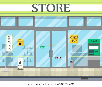 View of the entrance to the 24-hour shop. Vector illustration