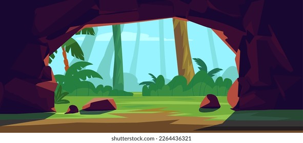 Vista desde la entrada a la cueva de piedra o mina de carbón en el paisaje tropical de la selva, ilustración plana del vector de dibujos animados. Paisaje natural o paisajístico desde cueva o cámara de montaña.