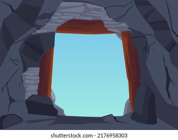 View From The Entrance To Stone Cave On The Moon Sky, Flat Vector Illustration. Background With Inside View Of Mountain Cave Or Cavern With Exit Outside.