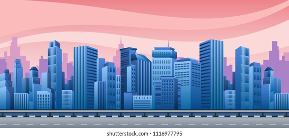 View of an evening city, a building on a background of a pink sunset