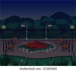 view in evening urban park background with benches and flowerbed