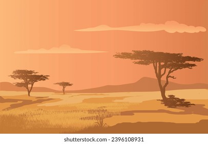 View of the expanse of the African savanna at dusk, vector illustration isolated, eps